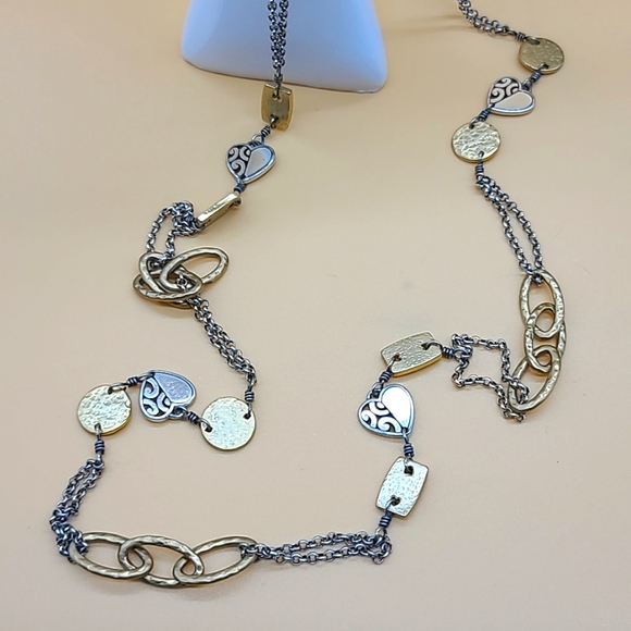 Brighton "DECO STYLE" Textured Gold & Deco Lace Hearts XL Layering Neck! - Picture 6 of 13